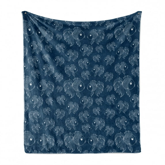 Underwater Soft Flannel Fleece Blanket, Ornamental Fishes Swimming in Deep Sea Pattern with Shabby Fins Ocean, Cozy Plush for Indoor and Outdoor Use, 50" x 70", Night Blue and White, by Ambesonne