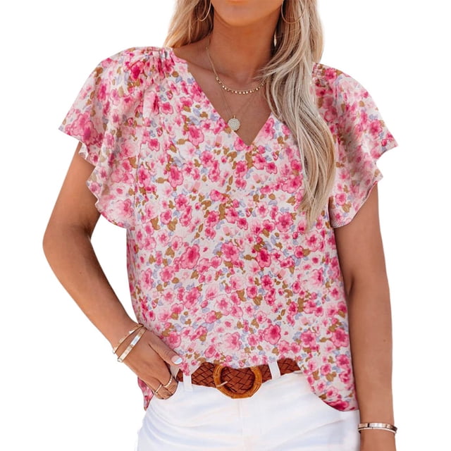 Blusas de mujer Casual Boho Estampado floral Cuello en V Manga corta Camisas sueltas elegantes Tops