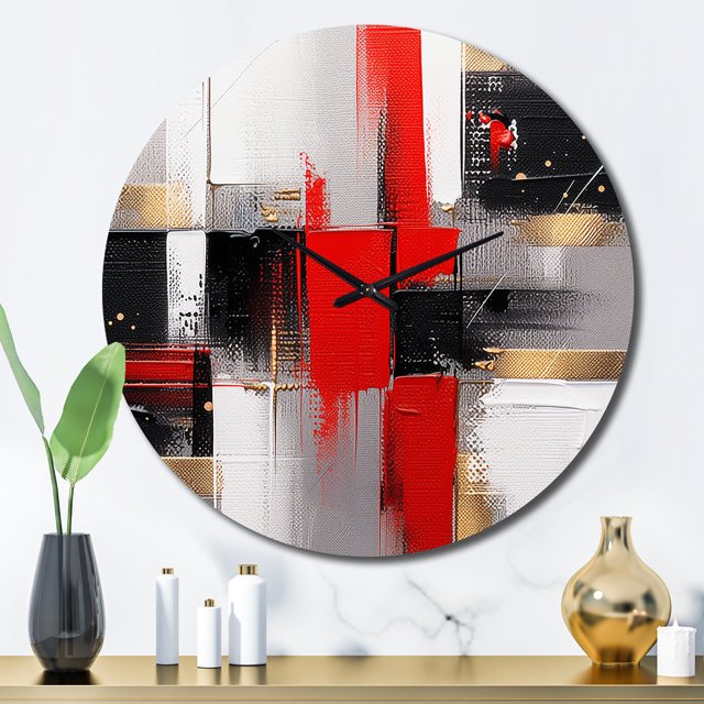 Designart "Cubic Abstract in Red and Gold I" Cubism Oversized Wall Clock