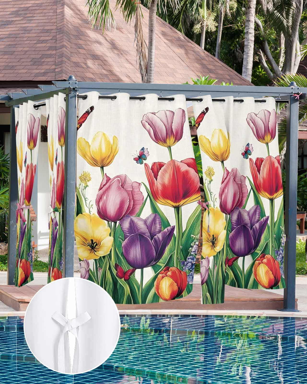 Outdoor Curtains for Patio, Spring Floral Waterproof Blackout Outside Curtain for Porch/Pergola/Gazebo, Tulip Summer Butterfly Botanical Colorful Thermal Insulated Drapes, 2 Panels, 54 x 84 Inch
