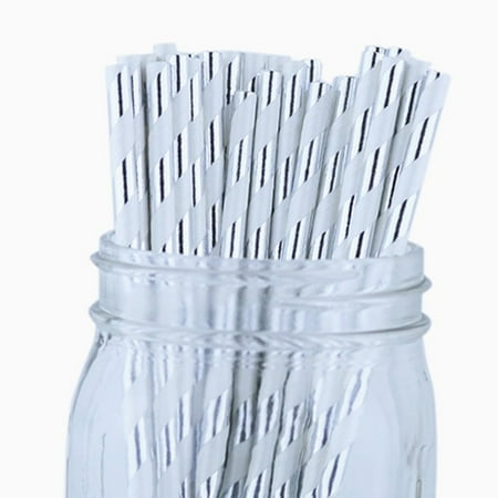 Just Artifacts 100pcs Decorative Striped Paper Straws (Striped, Metallic Silver) - Decorative Paper Straws for Birthday Parties, Weddings, Baby Showers, and Life Celebrations!