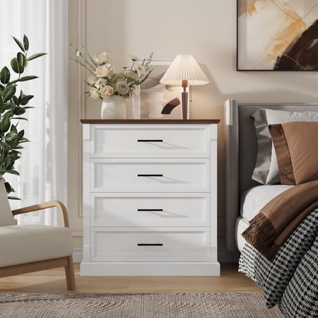 Farmhouse 4-Drawer Wood Dresser with Metal Handles Rustic Storage Chest for Bedroom Living Room Hallway