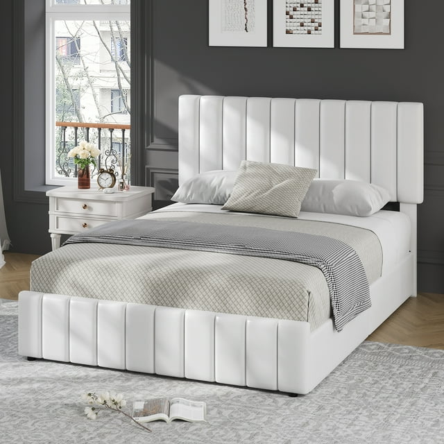 Cadre de Lit Grand, Lit Plateforme Rembourré Matelassé en Lin avec Tête de Lit Réglable et 4 Tiroirs de Rangement, Lattes en Bois Robustes
