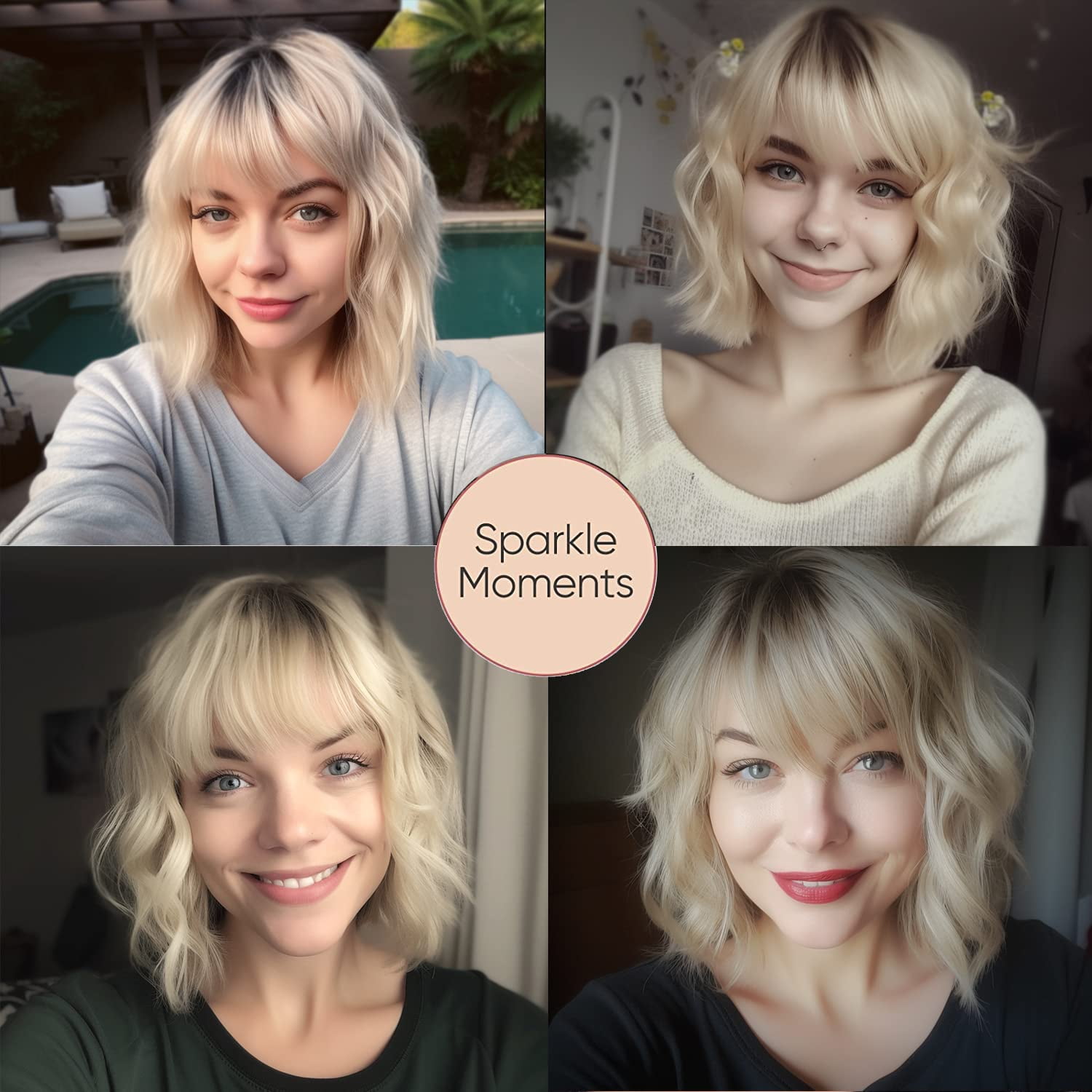 SUCS Short Wigs for Women Grey Wavy Bob Wig with Bangs Medium Length Synthetic Hair Water Wave Dark Roots Wig Gray Colorful Wigs（12 Inches）