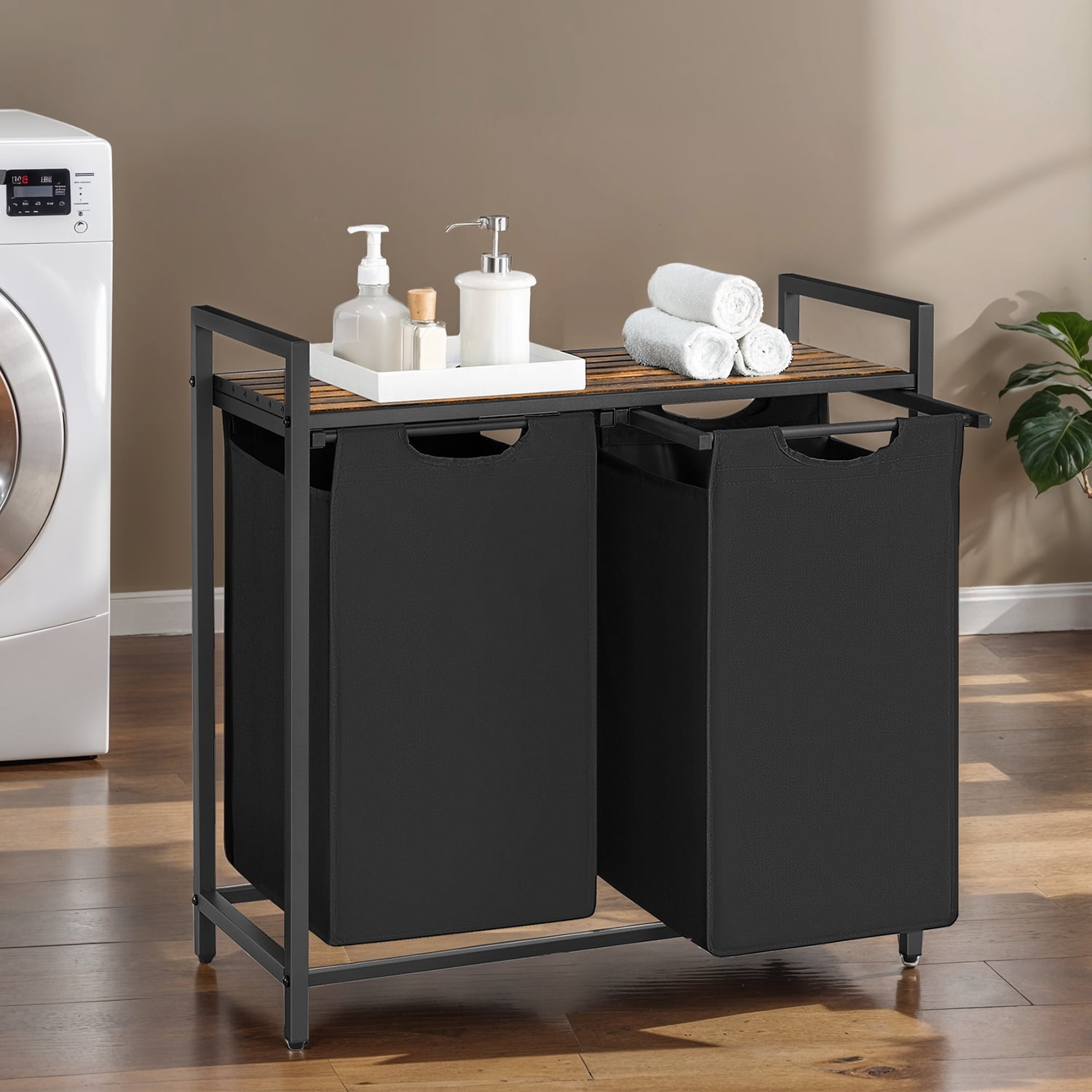 LEDREM 2-Compartment Laundry Hamper with Shelf, 24.2 Gallon (92L) Foldable Clothes Sorter, Removable Oxford Fabric Liners, Steel Frame & MDF Panel, Light，Dark Laundry Separation, Black