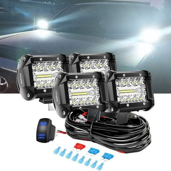 4Pcs 4 Inch LED Pods Light Triple Row Spot Flood Combo LED Bar Offroad Driving Fog Lamp 60W, with On/Off 5 Pin Rocker Switch Wiring Harness Kit-4 Leads for Trucks Polaris Boats Pickup UTV ATV