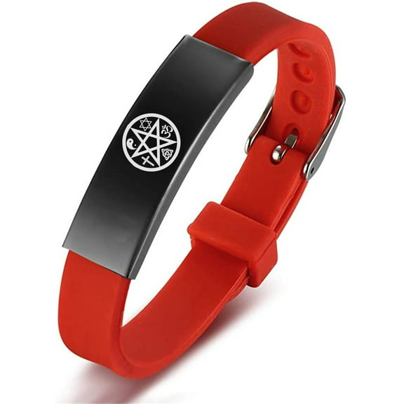 Multi-religiou Wicca Jewelry - Adjustable Pentacle Pentagram Silicone Strap Bracelet - Supernatural Sacred Symbols Star of David Cross Om Yin Yang Triquetra Rubber Wristband for Protection, Red