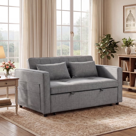 Bonzy Home 3 in 1 Convertible Sleeper Sofa Bed, 2-Seater Futon Couch with Storage Pockets, Adjustable Backrest & Pillows for Small Space, Living Room, Gray