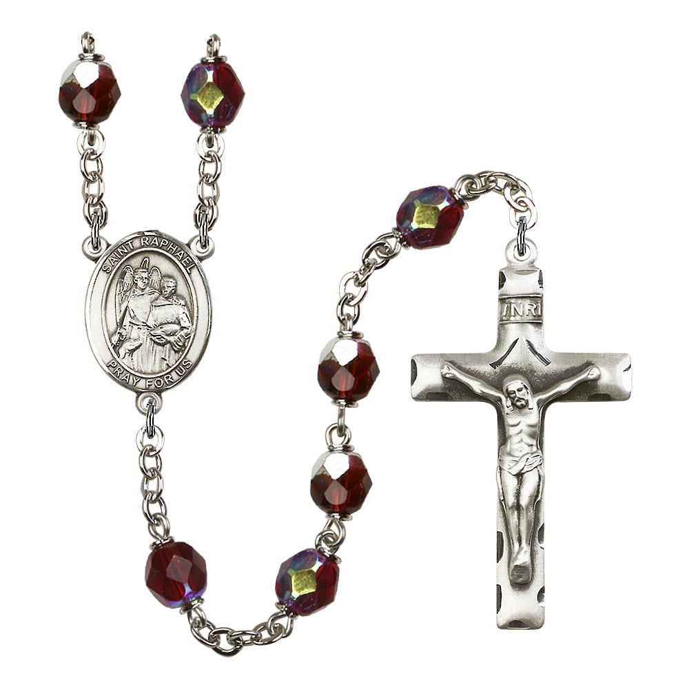 St. Raphael the Archangel SilverPlated Rosary 7mm January Red Lock Link Aurora Borealis Beads