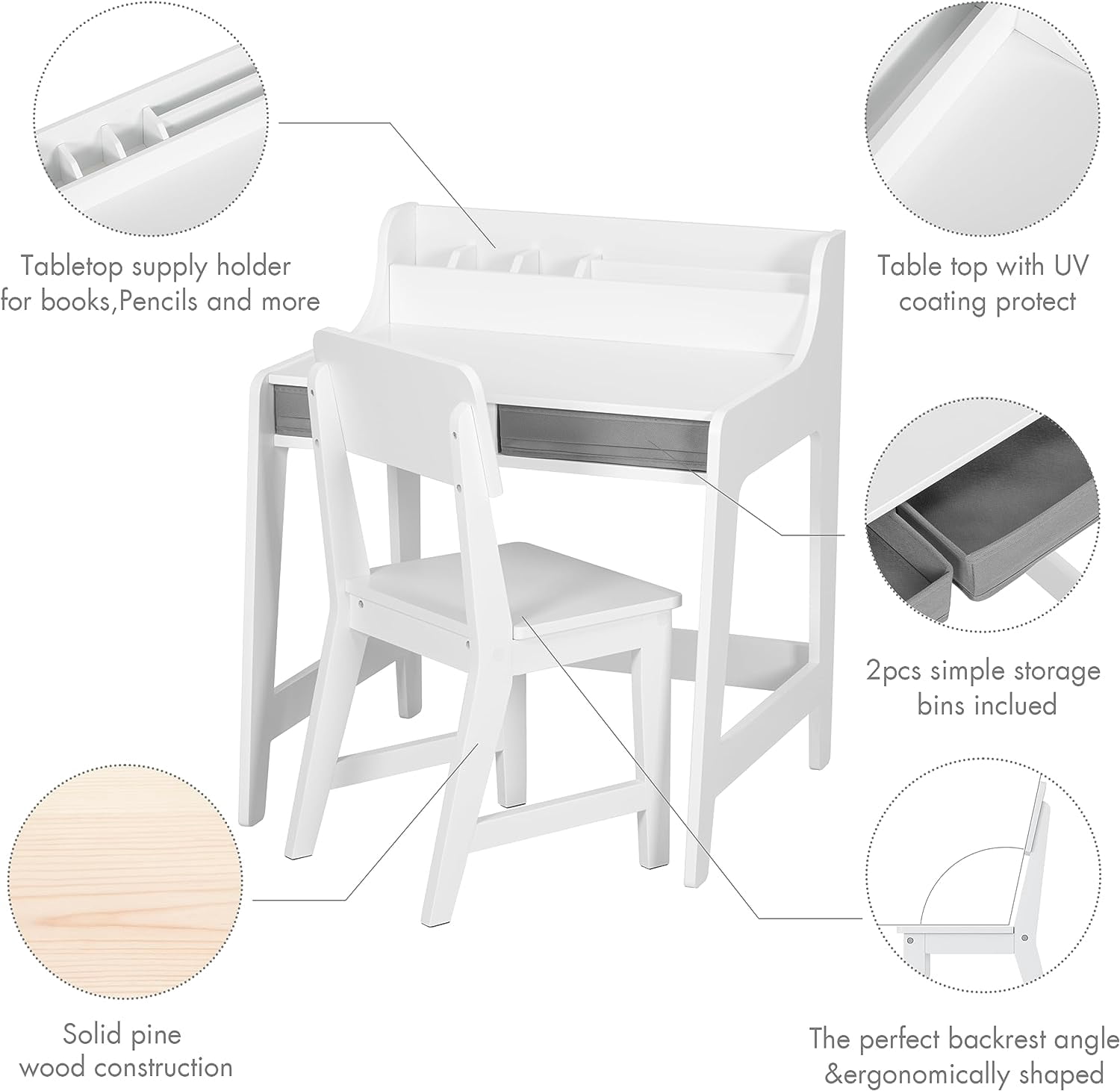 Utex Kids Study Desk with Storage Bins Activity Table and Chair Set, White