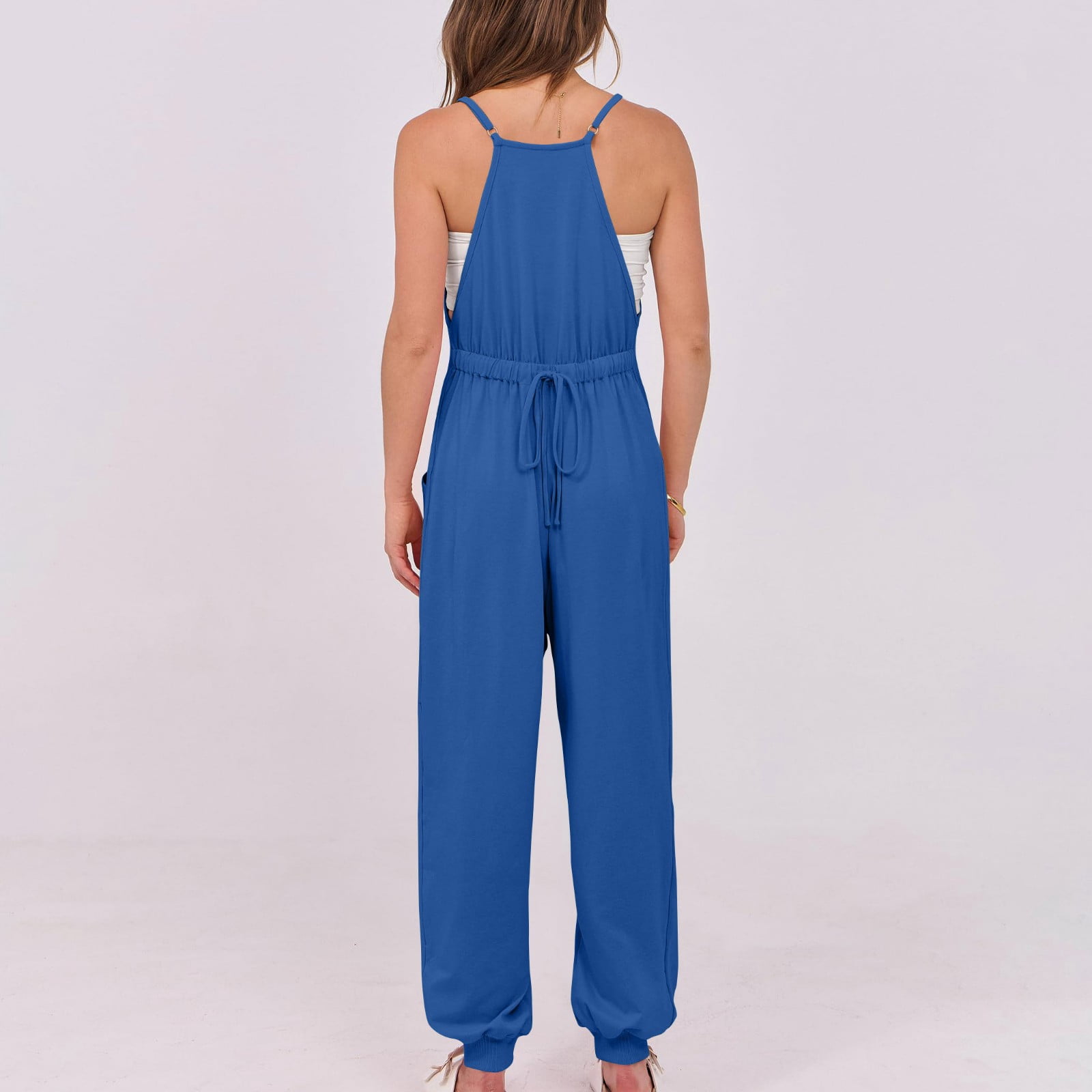 lcziwo Women's Casual Loose Jumpsuit Solid Color Sleeveless Straps Overalls Elastic Cinch Bottom Joggers One Piece Pants with Pockets for Yoga Workout Christmas Sales Clearance