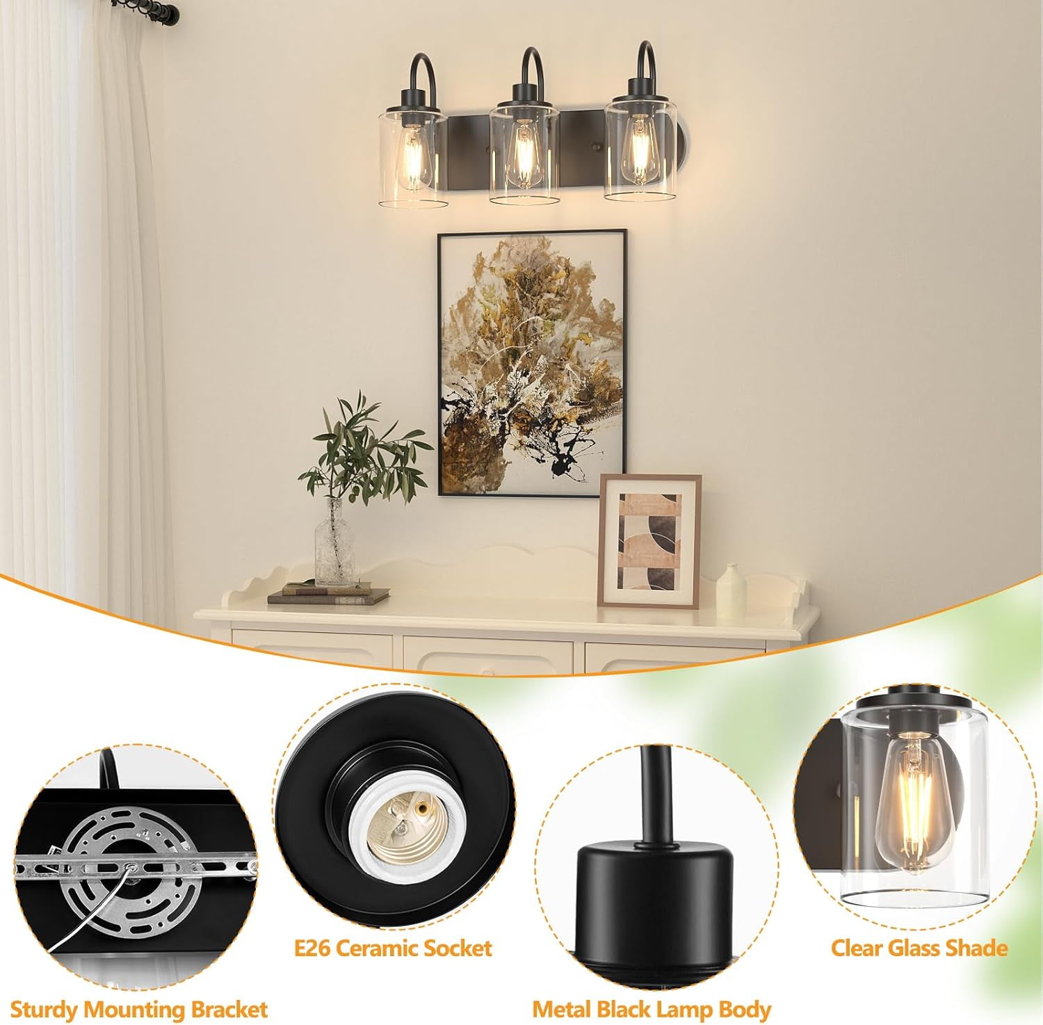 Bathroom Vanity Light 3 Lights Black Vanity Lighting Fixture over Mirror Light with Clear Glass Shades for Hallway, Kitchen, Living Room, Bedroom