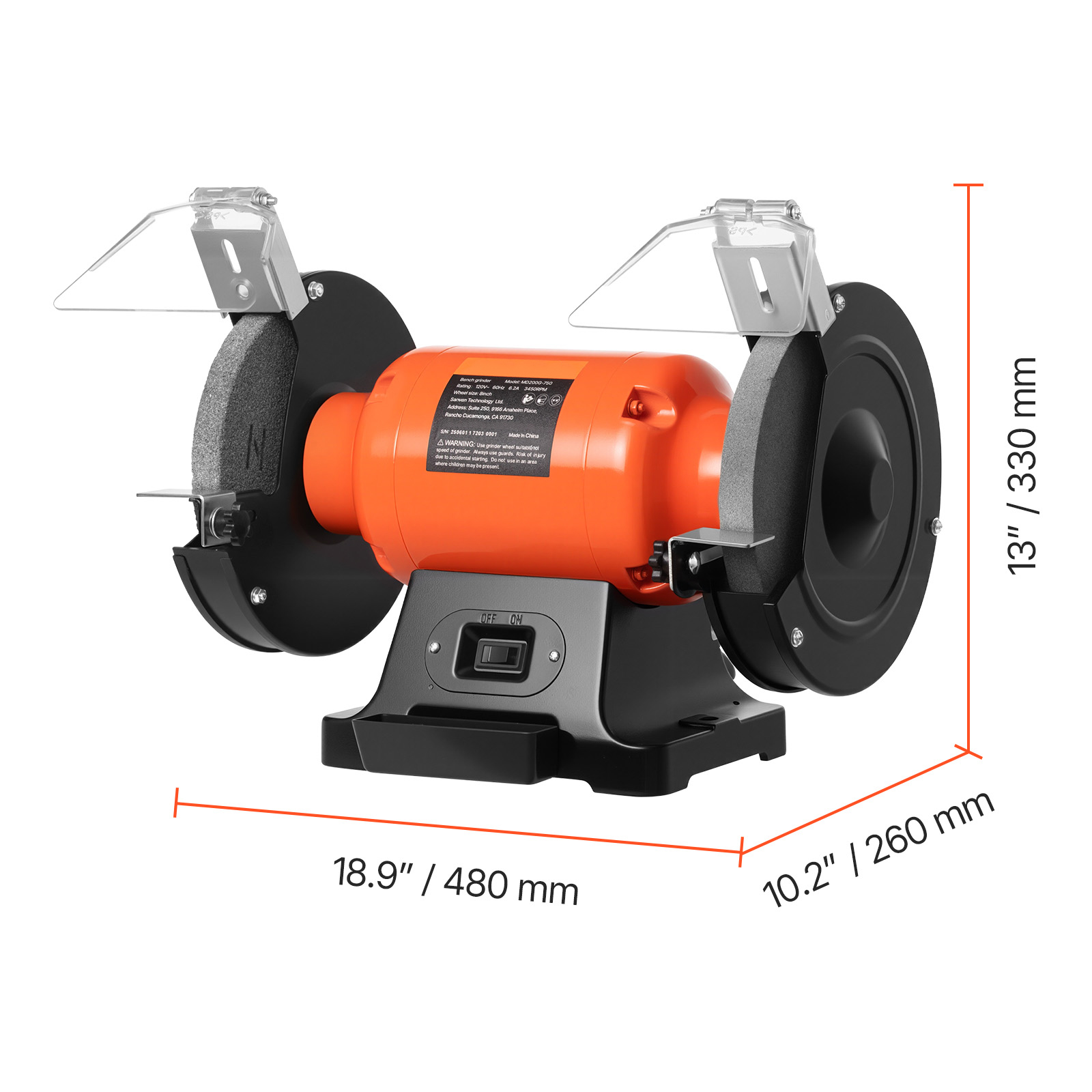 KFFKFF 8-Inch Bench Grinder with 3450 RPM, Single-Speed Table Grinder Featuring 750W Induction Motor, 36/60-Grit Grinding Wheels, and Adjustable Eye Shields for Efficient Sharpening and Grinding