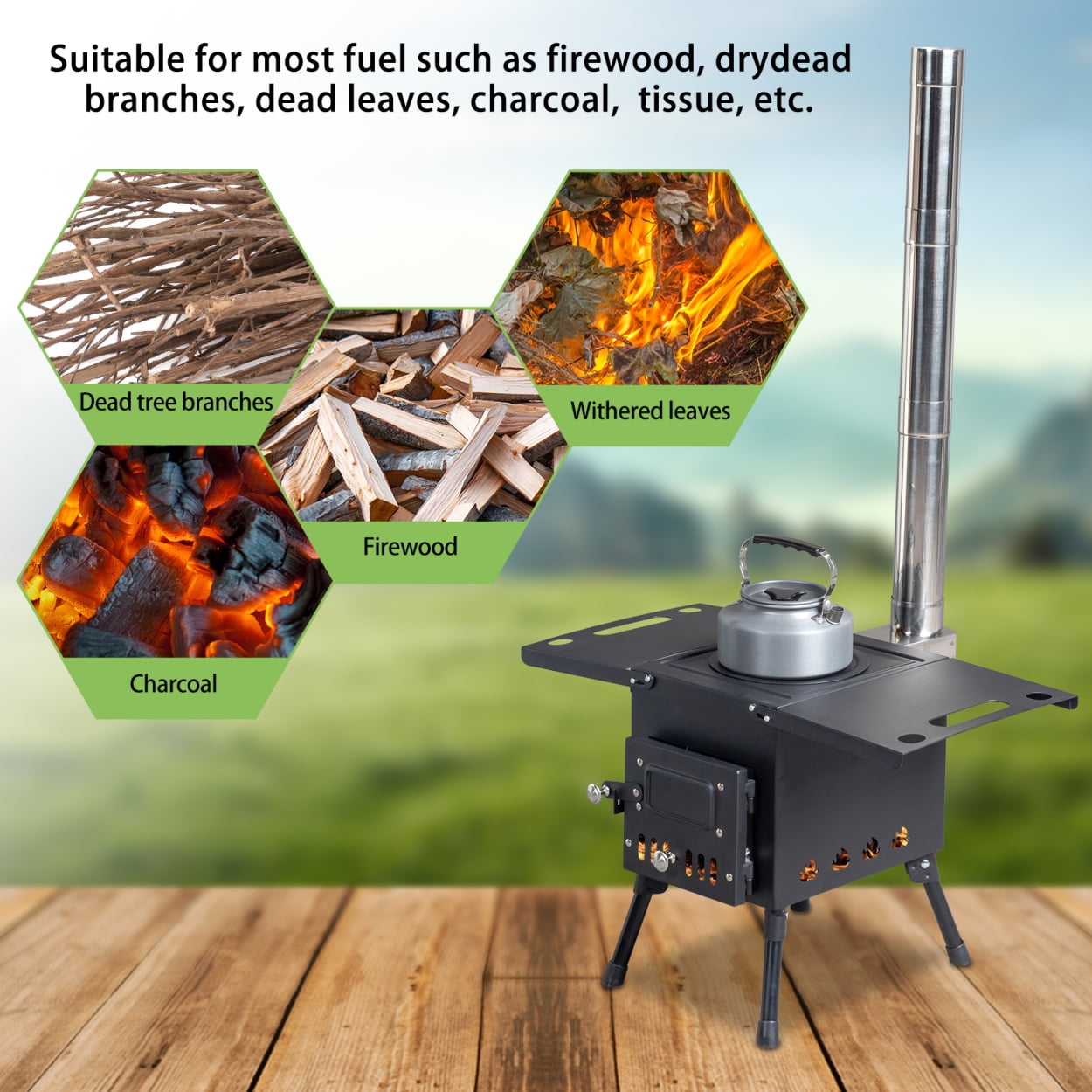 22.56*12.2*14.56 Outdoor Camping Stove, Heavy Duty Iron Outdoor Single Burner Stove with Iron Panel & Chimney & Firewood Hook & Fire Blanket, Portable Cooking Burner for Camping Cookout, Black