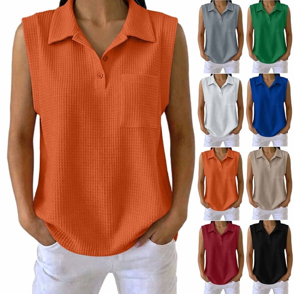 VBVC Women's Waffle Collared Sleeveless Shirt , Casual Button Down Top For Women, Ladies' Summer Work Blouse with Pockets,Black,S-2XL
