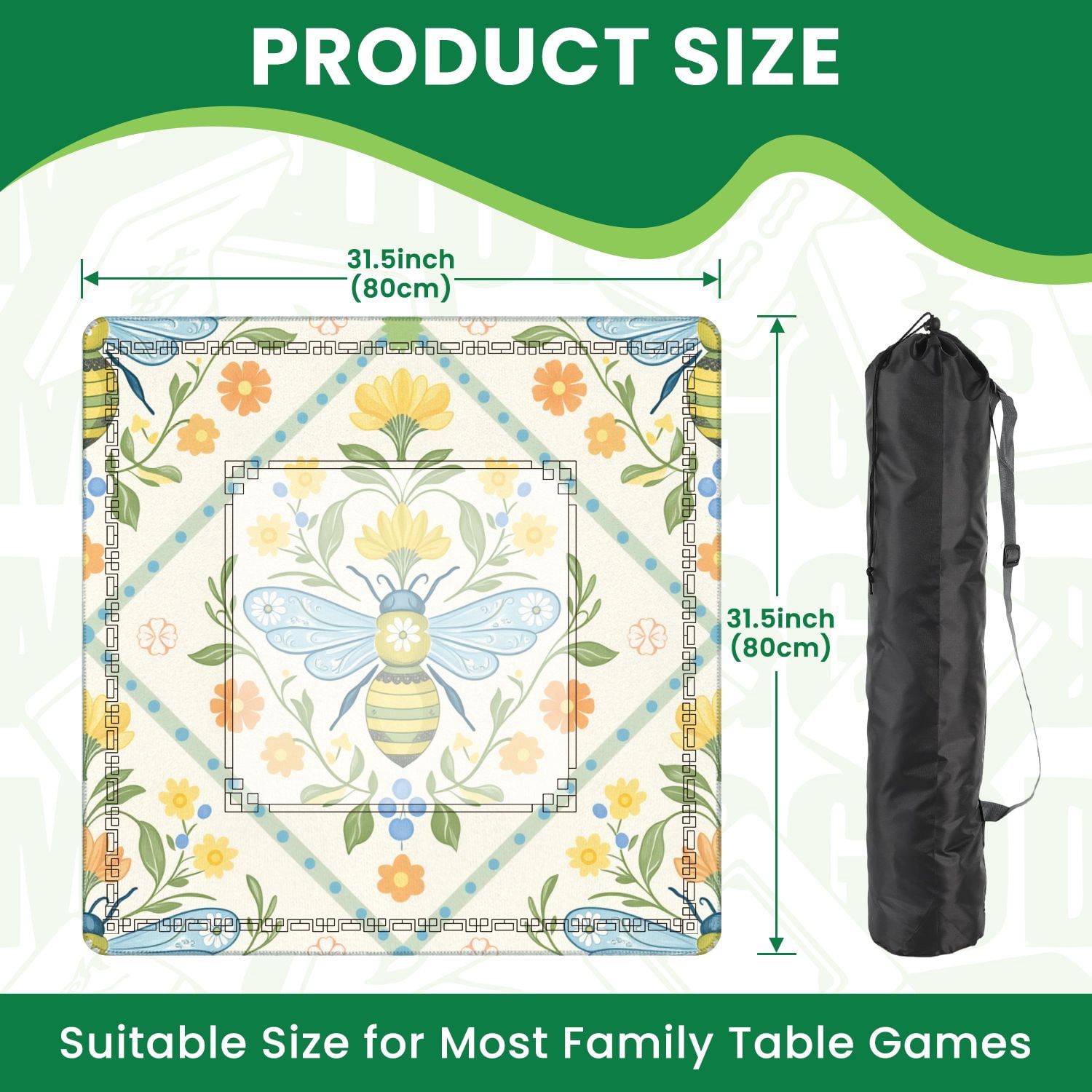 Mahjong Mat 31.5" x 31.5" Whimsical Bee Floral Soft Pastel Colors Non-Slip Noise Reduction American Mahjong Tiles Table Cover for Dominoes Poker Card Board Games Gift