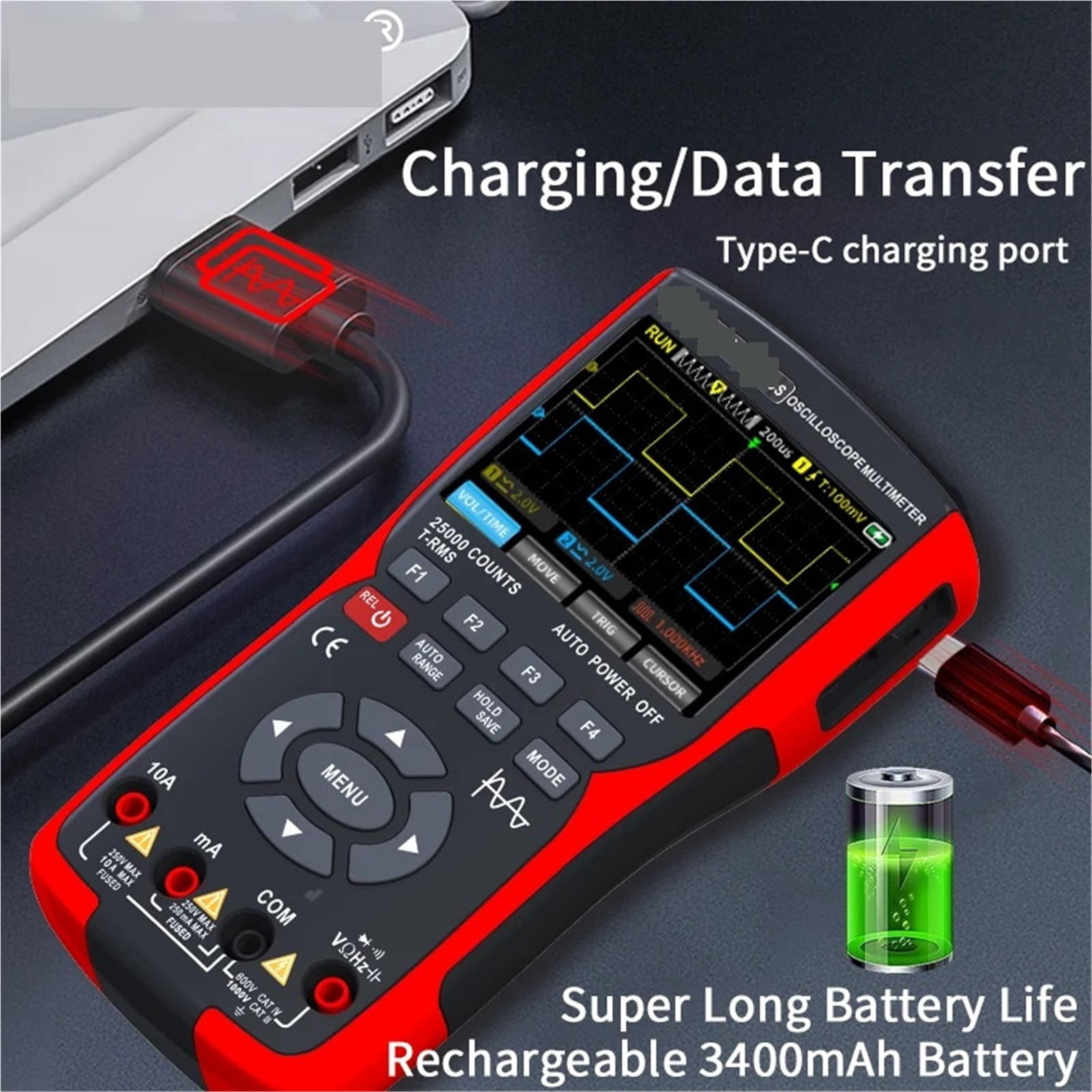 3-in-1 Oscilloscope Multimeter With 3.5 Inch IPS Display,25000 Counts, Dual Channel 50MHZ Bandwidth,280MSa/s High ,Battery Test