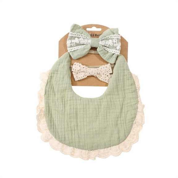 3Pcs/Set Solid Muslin Cotton Bamboo Baby Bib Tassel Lace Boy Girl Feeding Drool Saliva Towel Burp Cloth Adjustable Infant Scarf (Grass green,One Size)