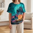 thumbnail image 7 of Women’s Halloween Handprint Graphic Henley Button Neck Short Sleeve Cotton Linen Shirt with Chest Pocket Casual Fit, 7 of 7