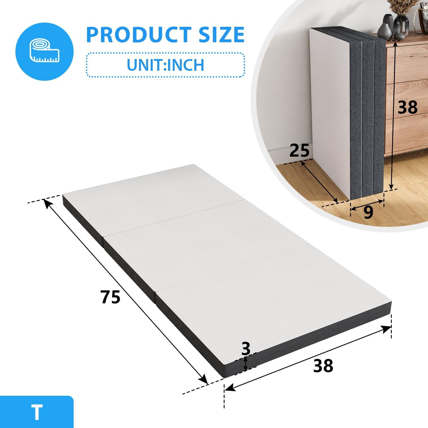 XF XINFENG 3 inch Memory Foam Mattress Tri-Folding Floor Mattress with Portable and Washable Cover,Twin,White
