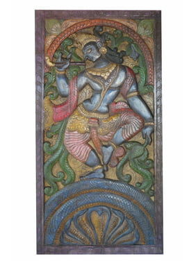 Mogul Antique Vintage Hand Carved Krishna Dance On Snake Kaliya Panel Barn Door Wall sculpture