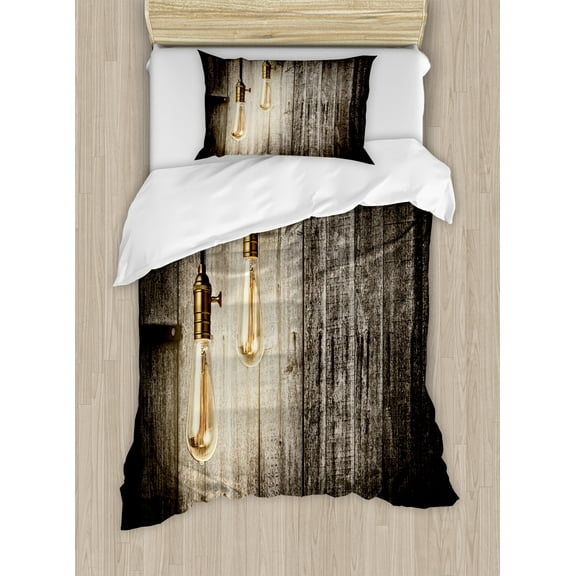 Industrial Duvet Cover Set, Historical Innovation Edison Revival Retro Electricity Wooden Planks, Decorative 2 Piece Bedding Set with 1 Pillow Shams, Twin Size, Pale Yellow Brown, by Ambesonne