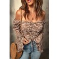 thumbnail image 3 of ABPHQTO Top corto fruncido con hombros descubiertos y estampado floral marrón para mujer, 3 of 5