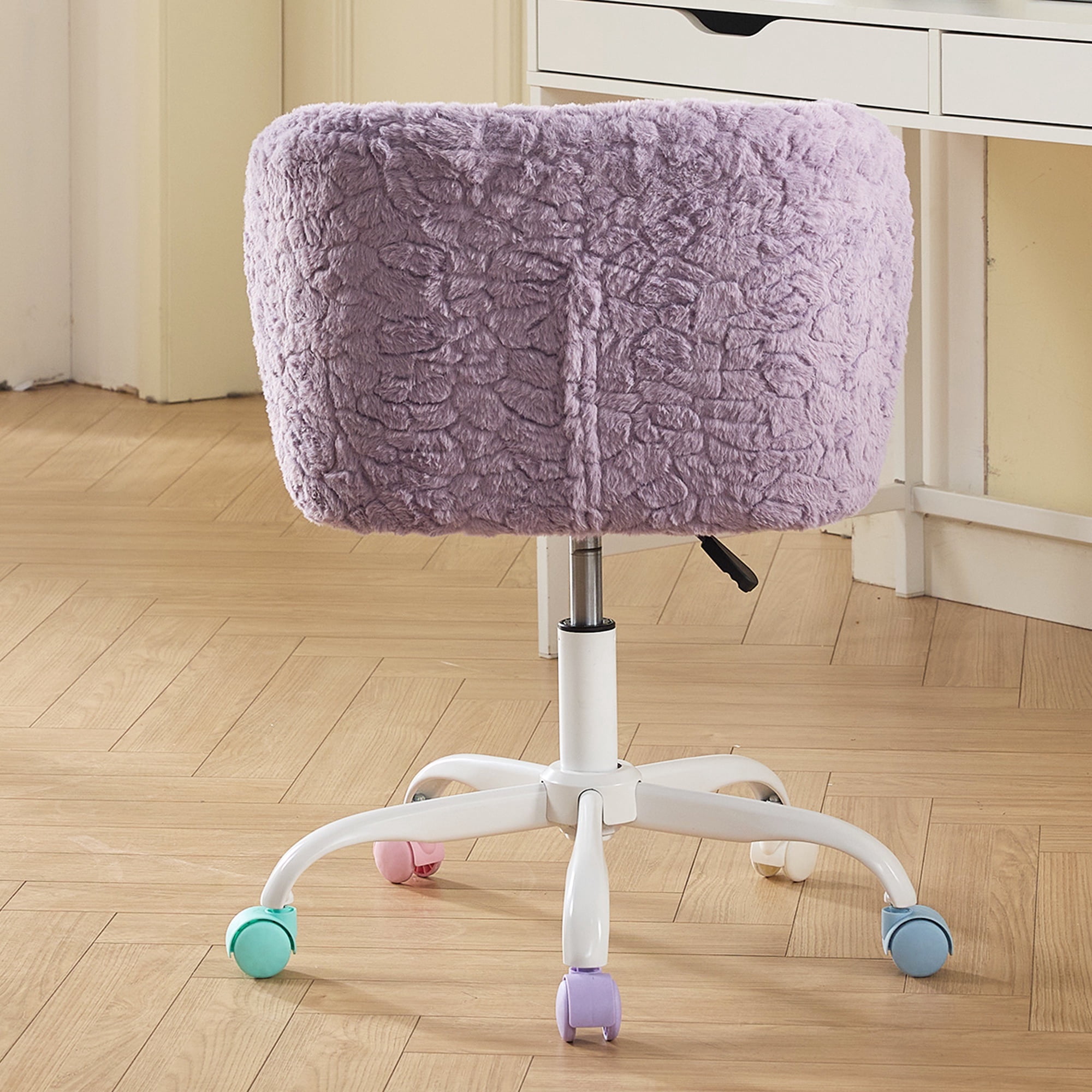 PAPROOS Vanity Chair with Wheels, Home Office Chair, Cute Makeup Desk Chair with Artificial Alpaca Wool Fabric, Adjustable Swivel Task Computer Chair for Bedroom, Violet