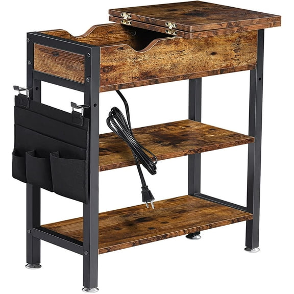 End Table with Charging Station, Flip Top Side Table USB Ports & Power Outlets for Small Space, Sofa Side Table with 2 Storage Shelves and Fabric Bag Bedside Nightstand for Living Room, Bedroom, Brown