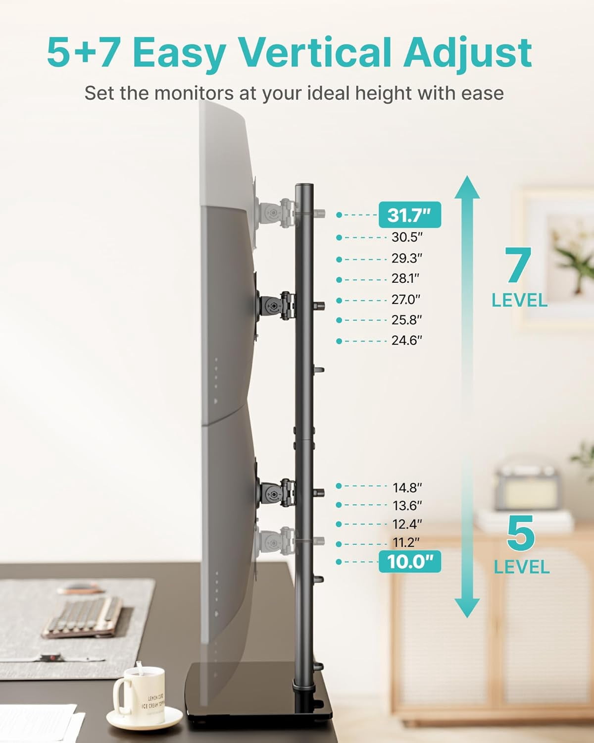 Vertical Dual Monitor Stand for 17–34 Inch Screens, Stacked Monitor Mount with 33.3" Pole & 12 Height Settings, Freestanding Desk Monitor Riser, Full Motion ±45° Tilt ±30° Swivel, 75/100 VESA