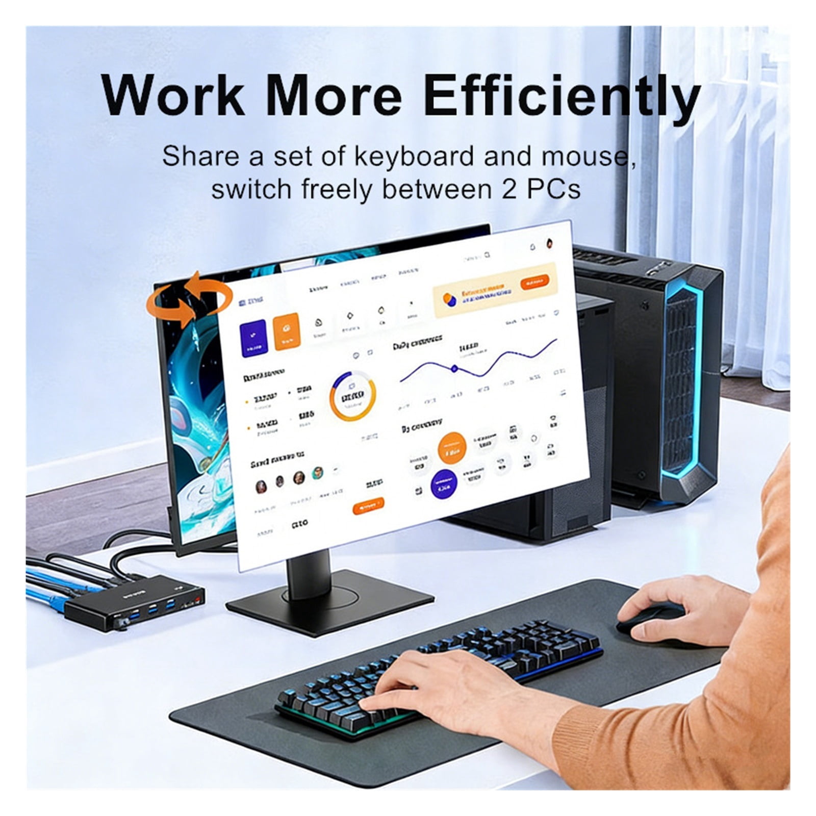 4K 60Hz KVM Switch 2 PC 1 Monitor, Ultra HD Selector with 4 USB 3.0
