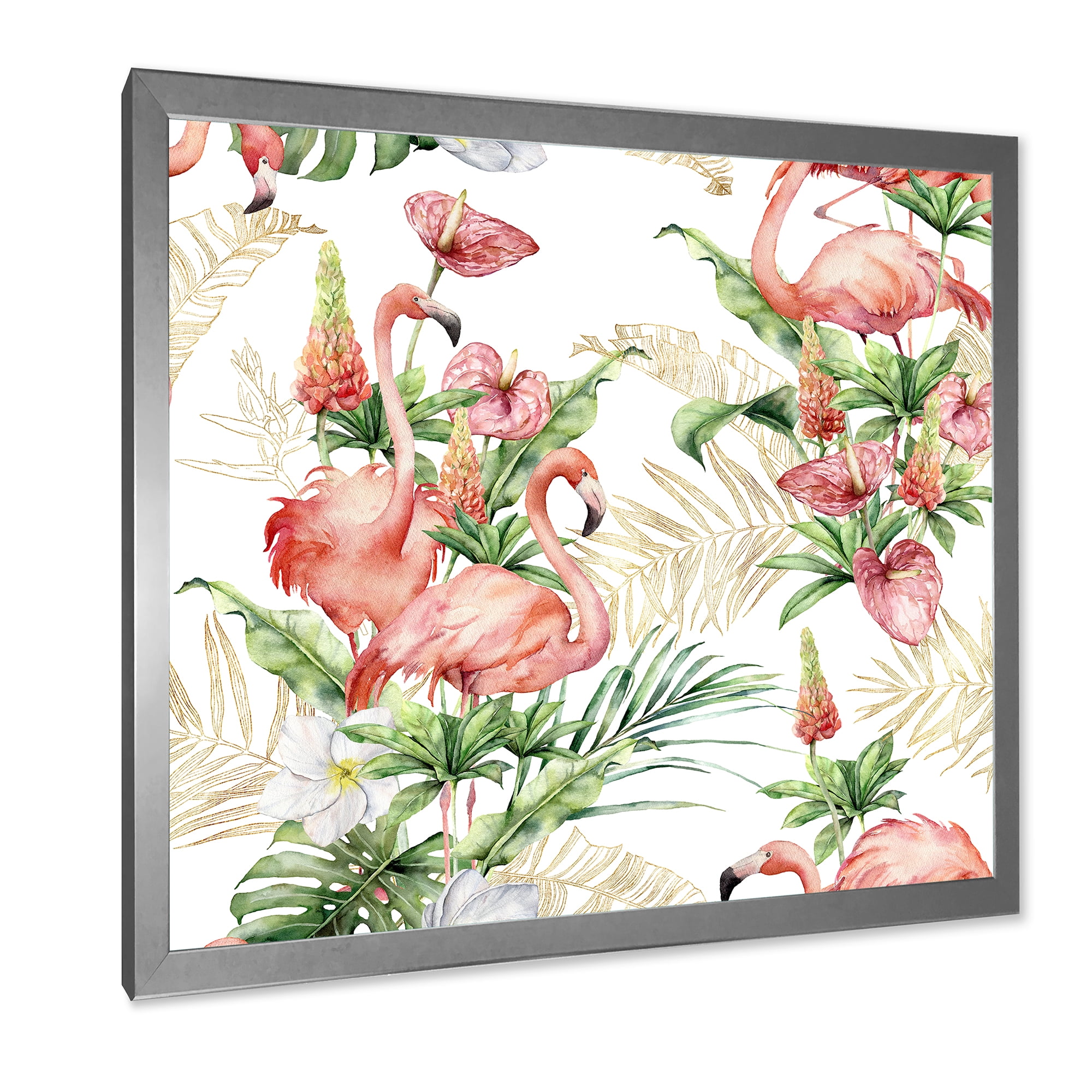 Designart 'Tropical Flowers & Gold Leaves With Pink Flamingos' Traditional Framed Art Print