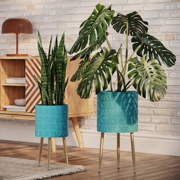 2-Piece Geometric Metal Planter Pot With 3-Leg Gold Metal Base - Turquoise - 20"H x 10.5"W / 15.75"H x 8.5"W