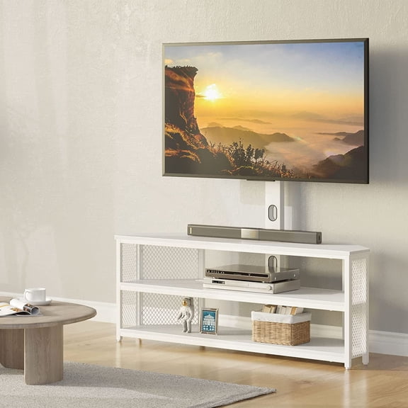 TV Stand with Mount and Power Outlet, Swivel TV Stand with LED Lights for 32/45/55/60/65/70 inch TVs, White Entertainment Center Media Console with Height Adjustable Mount