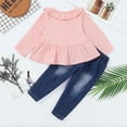 thumbnail image 4 of 6 Months Infant Baby Girls Clothes Baby Girls Outfits 6-12 Months Baby Girls Long Sleeve Round Neckline Ruffle Top Jeans Pants 2PCS Set Pink, 4 of 9
