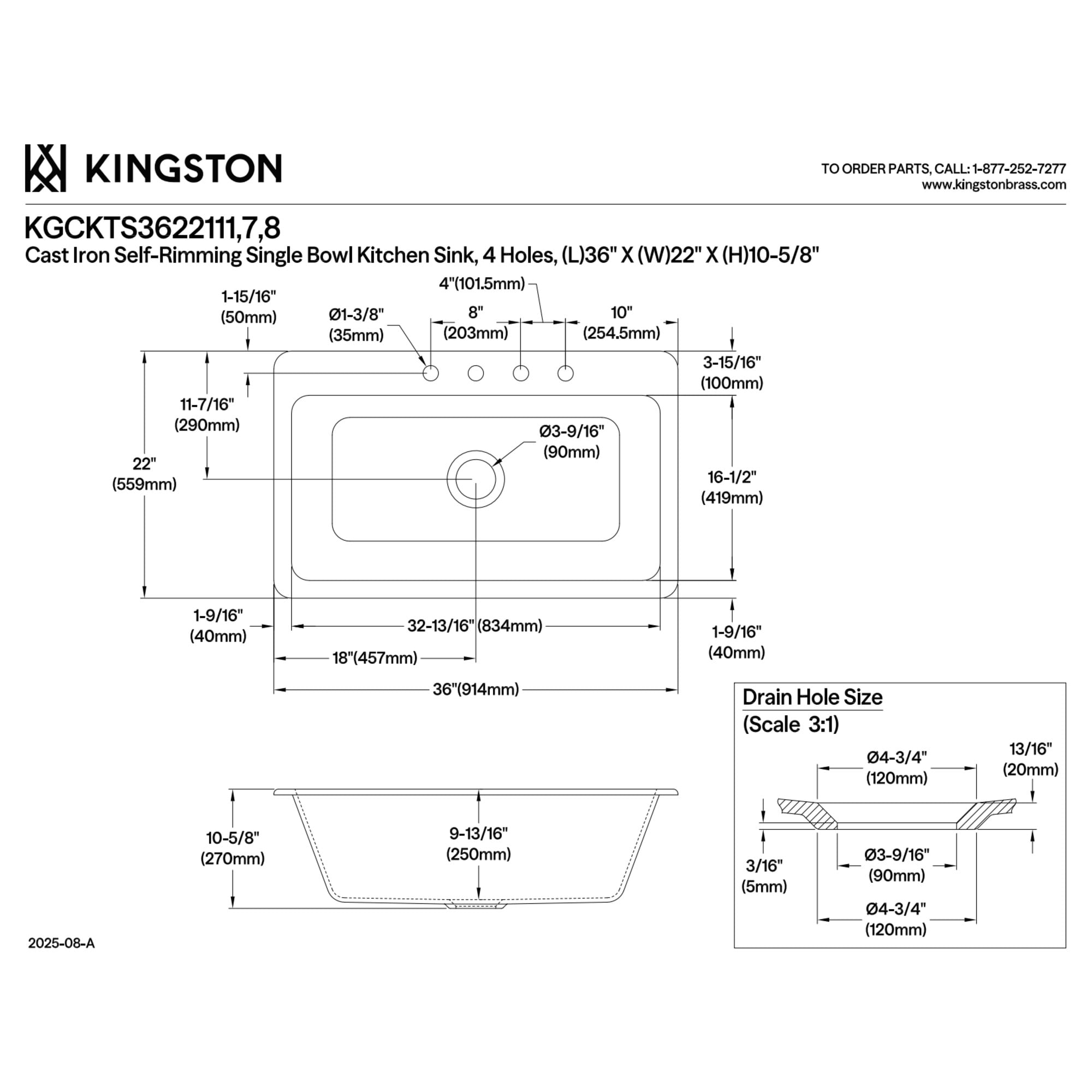 Kingston Brass KGCKTS3622111 Towne 36-Inch Cast Iron Self-Rimming Single Bowl Drop-In Kitchen Sink (4-Hole) with Strainer in White/Polished Chrome