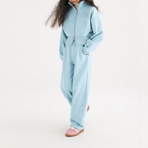 RUTAYY Girls Outfit Set Letter Print Stand Collar Zip Up Long Sleeve Jacket Pants Everyday Layering Apparel for Kids Light Blue