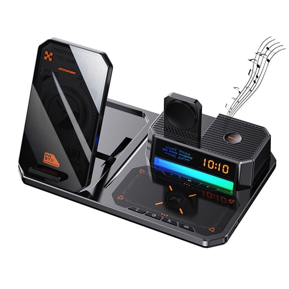 VIPQV Wireless Charging Station with Speakers and Night Light, 15W Magnetic Charger for iPhone 17 16 15 14 13 12 11, iWatch Series & Airpods 4/3/2/Pro