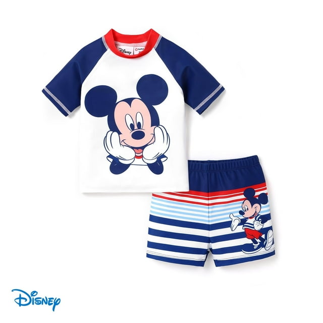 Disney Micky Mouse Toddler Boys Rash Guard Swimsuits Graphic Striped Swim Shirt Trunks Outfits Set Sizes 2-6Y