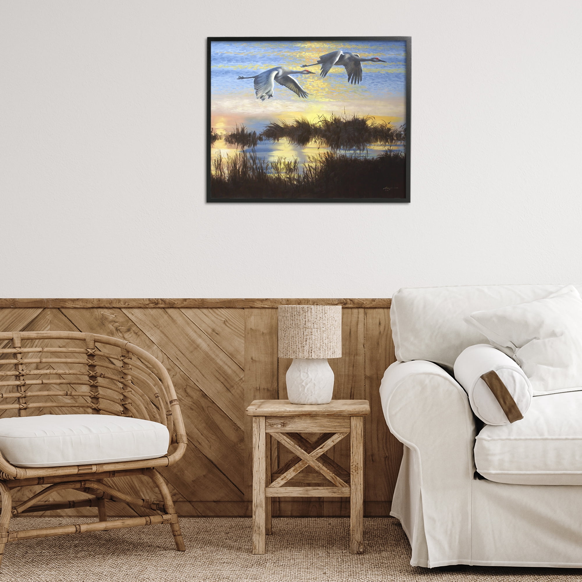 Stupell Industries Two Cranes Over Lake Landscape Painting Black Framed Art Print Wall Art, 30 x 24