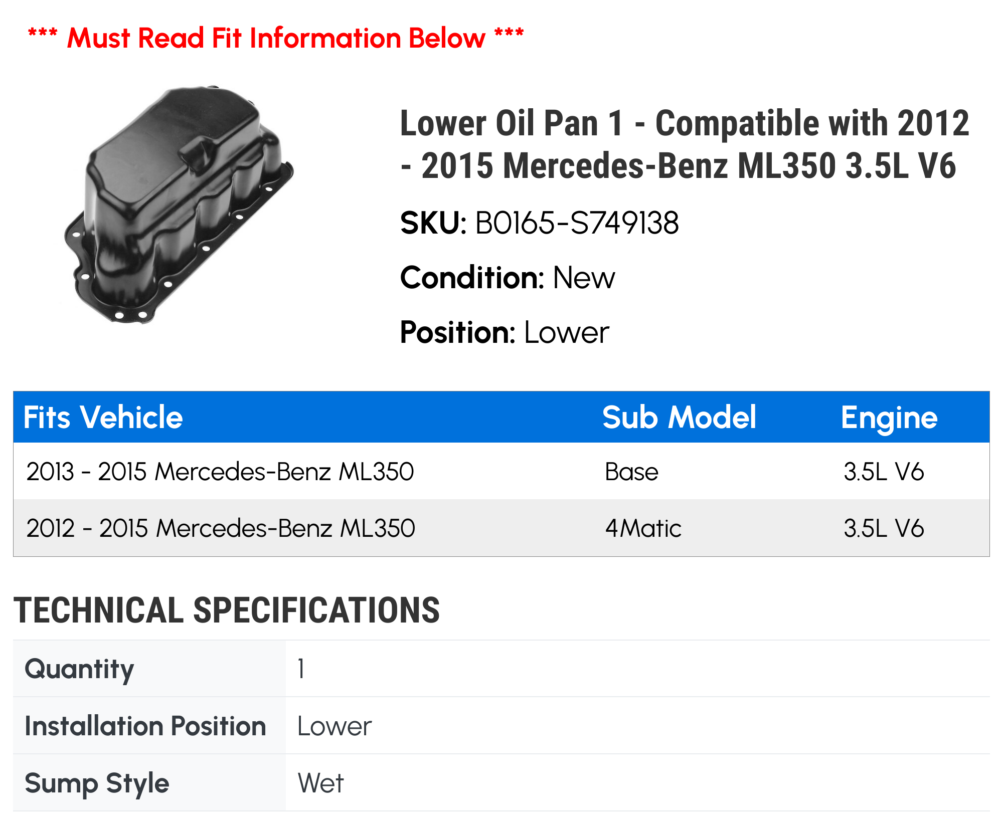 Lower Oil Pan 1 - Compatible with 2012 - 2015 Mercedes-Benz ML350 3.5L V6 - Autopart Premium