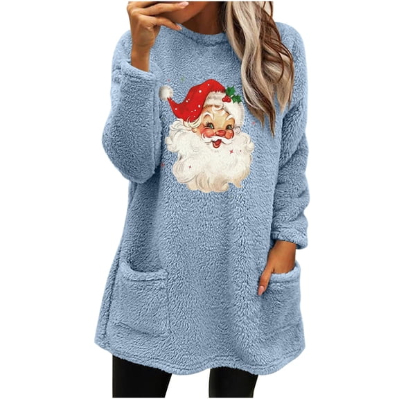 IROINNID Christmas Pullover for Women Crewneck Thermal Pullover Winter Loose Fit Print Warm Tops Long Sleeve Blouse Sweatshirt,Blue