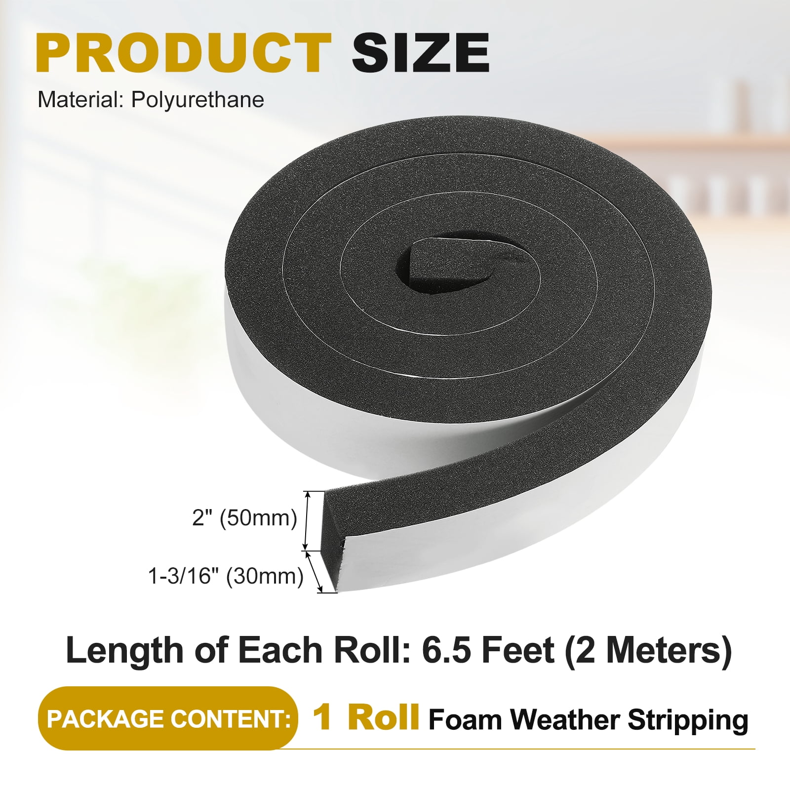 Weather Stripping Door Seal, 2" x 1-3/16" Adhesive Foam Tape Seal Soundproof Insulation Strips for Door Frame Window Gaps (6.5 Feet)