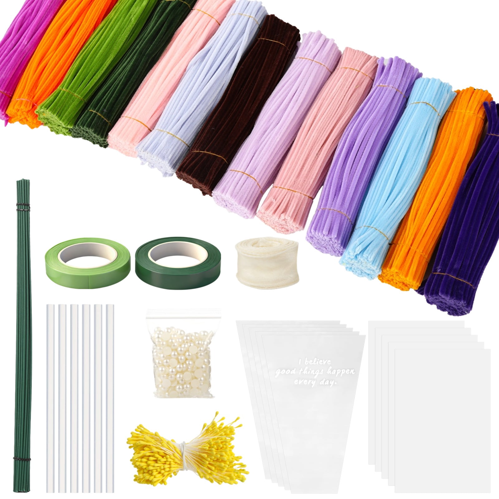 1300 Pcs Pipe Cleaners Craft Set, Chenille Stems in 13 Colors, 30 Flower Stalks, 2 Rolls Floral Tape, Pearl Stickers and Stamens, 11.8 in Bendable Twist Sticks for DIY Art Projects