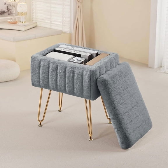 Kelno 18.9" Faux Fur Vanity Stool with Hidden Storage Soft Padded Ottoman Footrest with Metal Legs Antislip Adjustable Feet, Gray