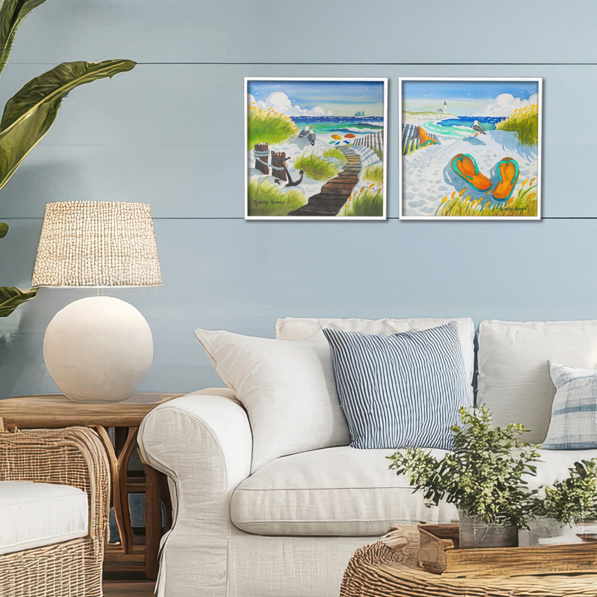 Stupell Industries Boardwalk Through Beach Scenery 2 Piece White Framed Giclee Art Set, design by Robin Altman