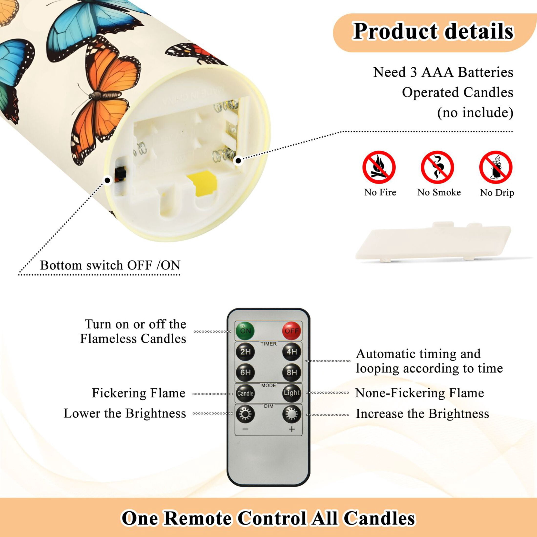 Butterflies with Beautiful Colors Flickering Flameless Candles with Remote Timer Battery Operated LED Tealight Set of 2 M