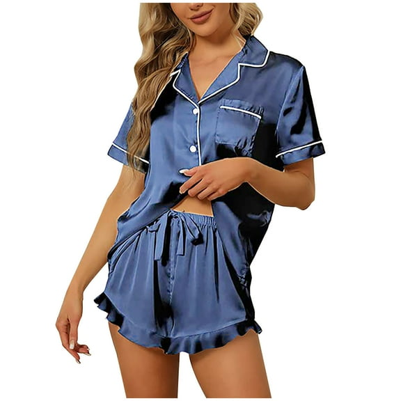 JGTDBPO Silk Satin Pajamas Set for Womens Short Sleeve Loungewear Two-Piece Sleepwear Lapel Sleepwear Nightwear Soft Button Down Pjs Set Classic Soft Pajamas Household Sets Causal Home Wear