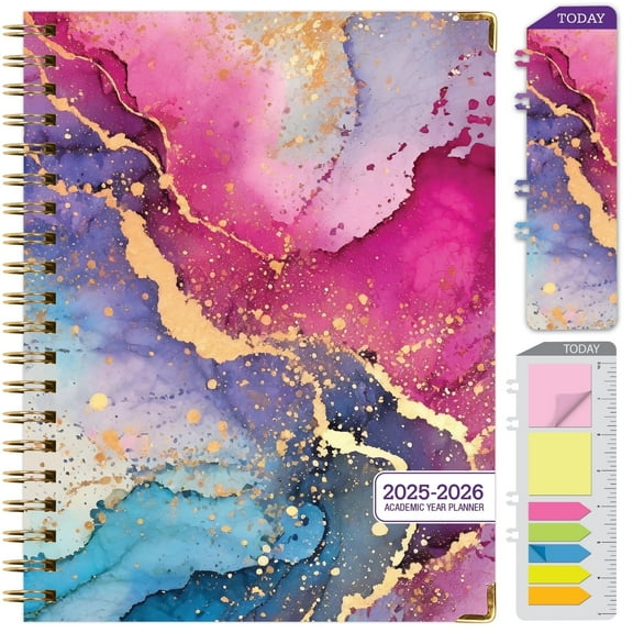 Academic Year 2025-2026 Planner, June 2025 - July 2026, 8.5"x11" Daily Weekly Monthly Planner Yearly Agenda, Hardcover, Bookmark, Pocket Folder and Sticky Note Set (Rainbow Gold Marble)