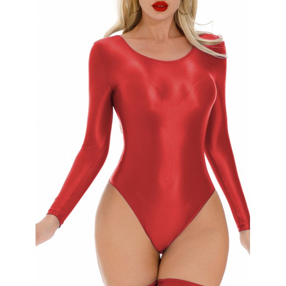 Kvysinly Women's High Cut Long Sleeve Bodysuit Sexy Slim Bikinis Oil Glossy Tights One Piece Thong Leotard Red XL
